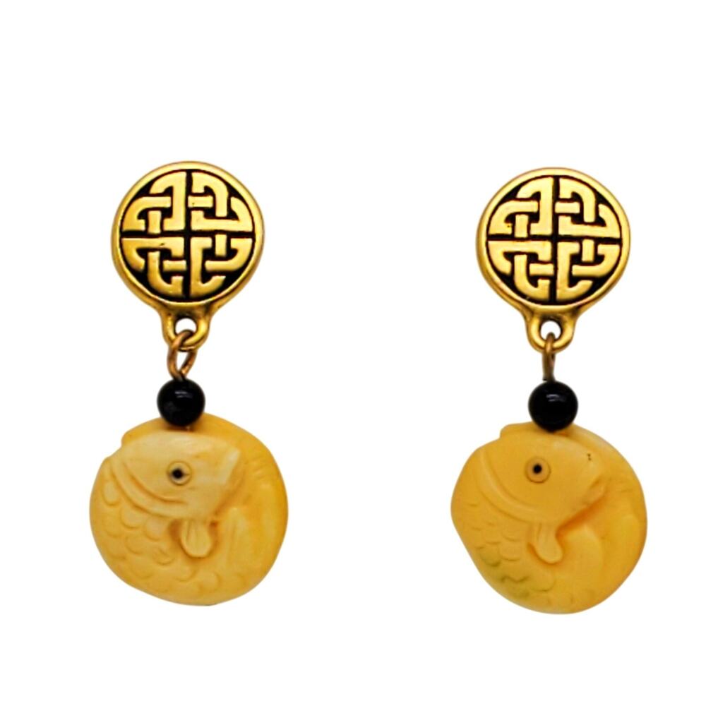 Gold Tone Drop Earrings Chinese Longevity Knot Carved Koi Lucky Fish Pierced Vtg